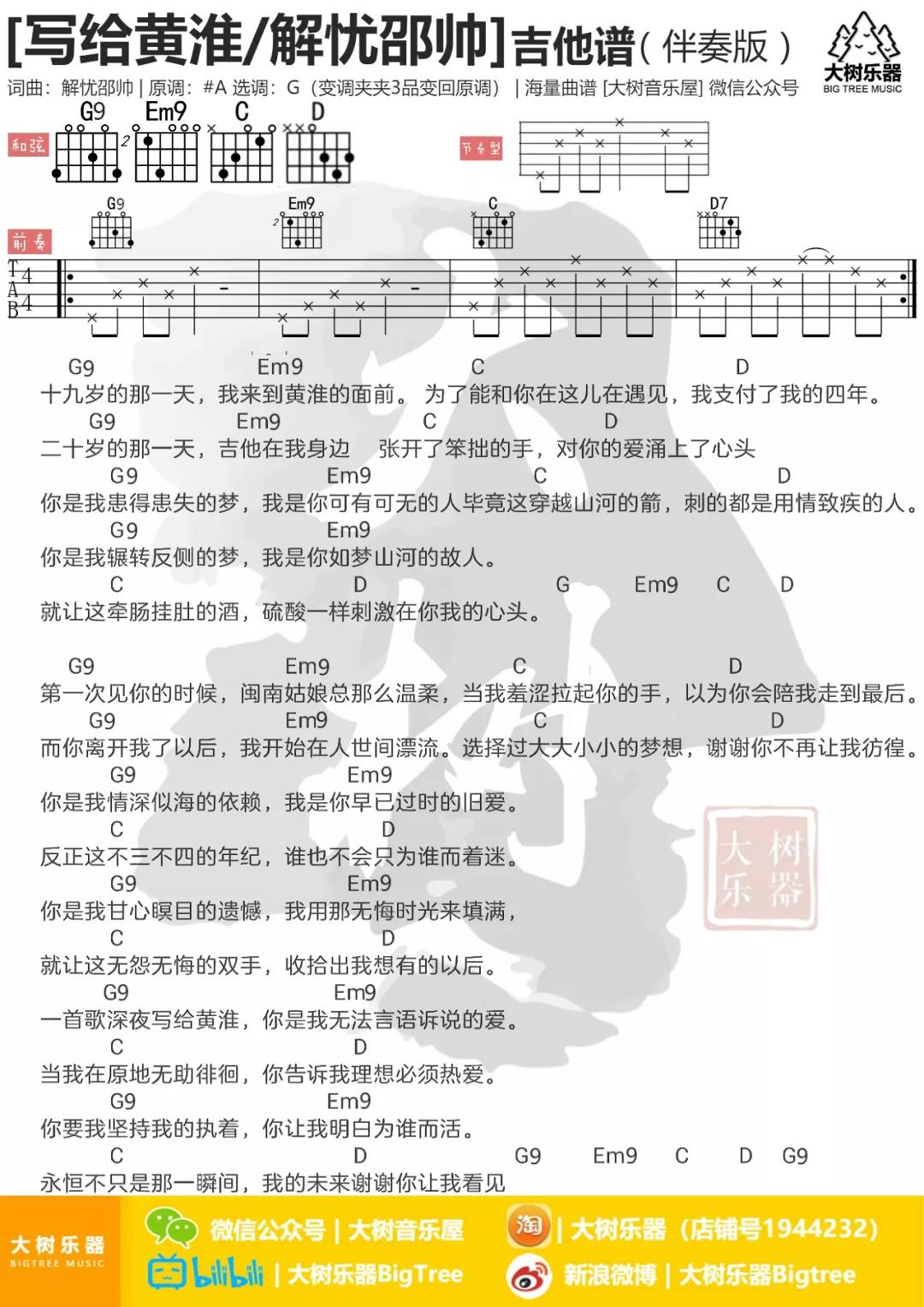 大树音乐屋 写给黄淮吉他谱