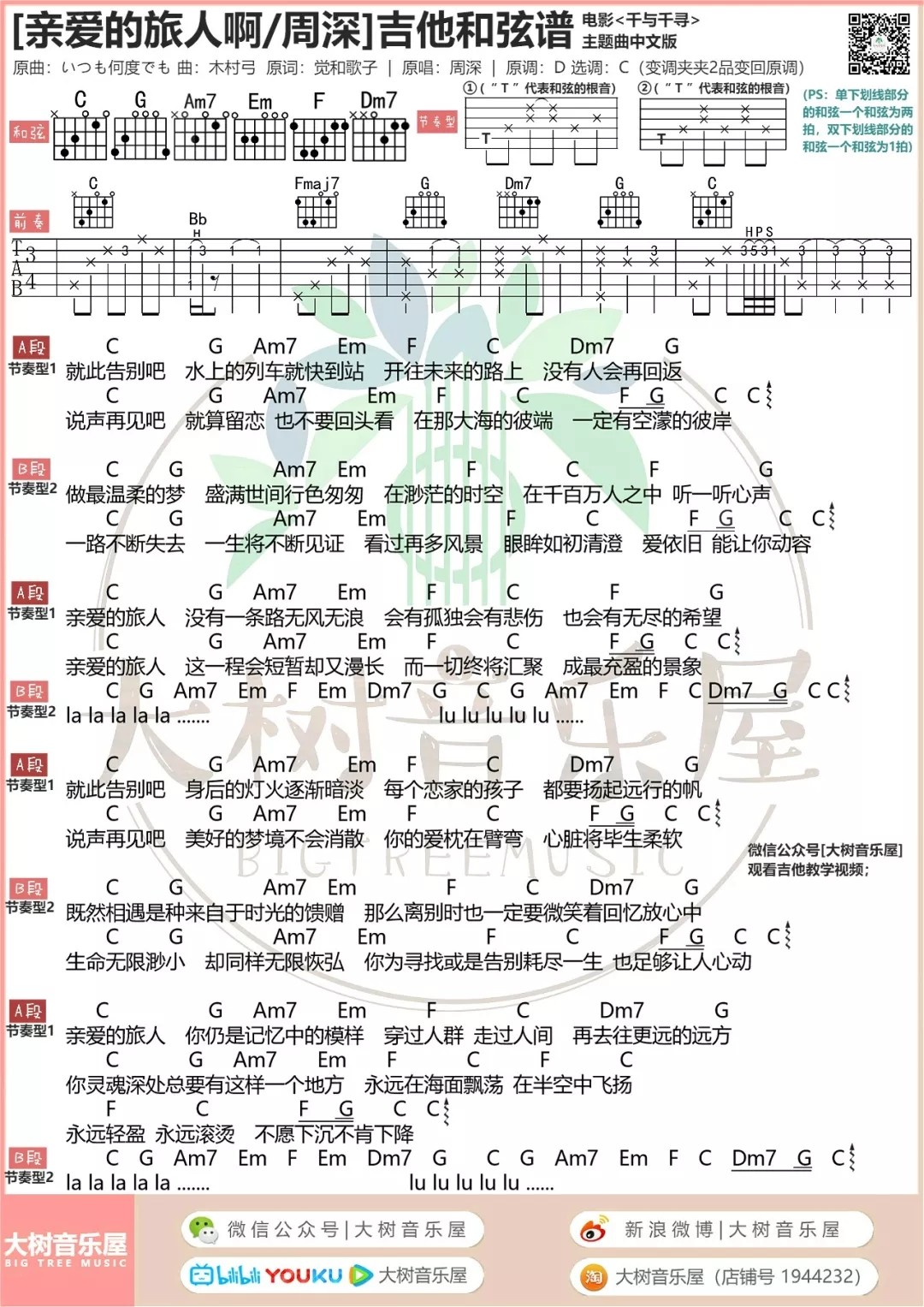 亲爱的旅人啊吉他谱
