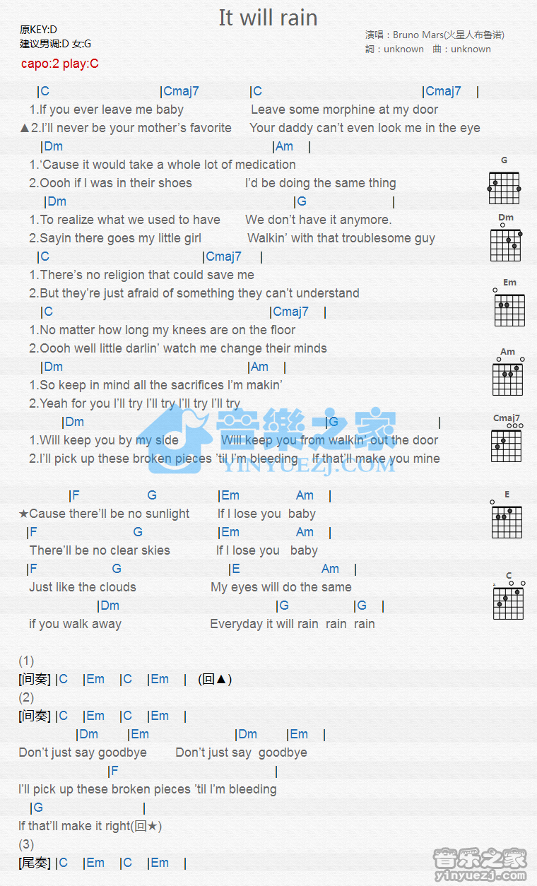 it will rain吉他谱