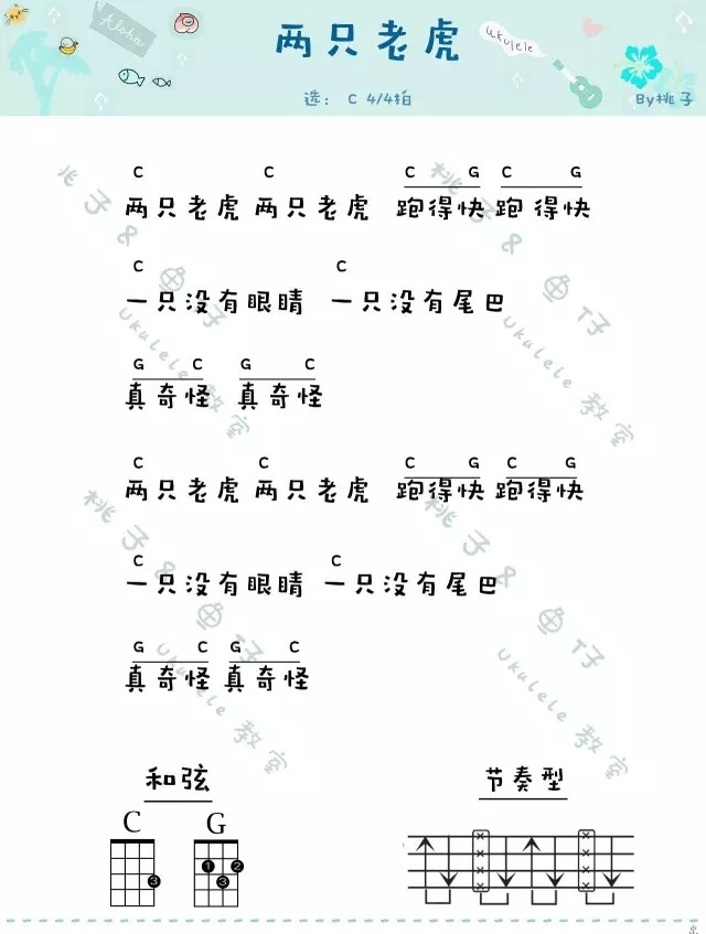 尤克里里谱 两只老虎尤克里里谱两只老虎尤克里里谱采用了c调指法,由