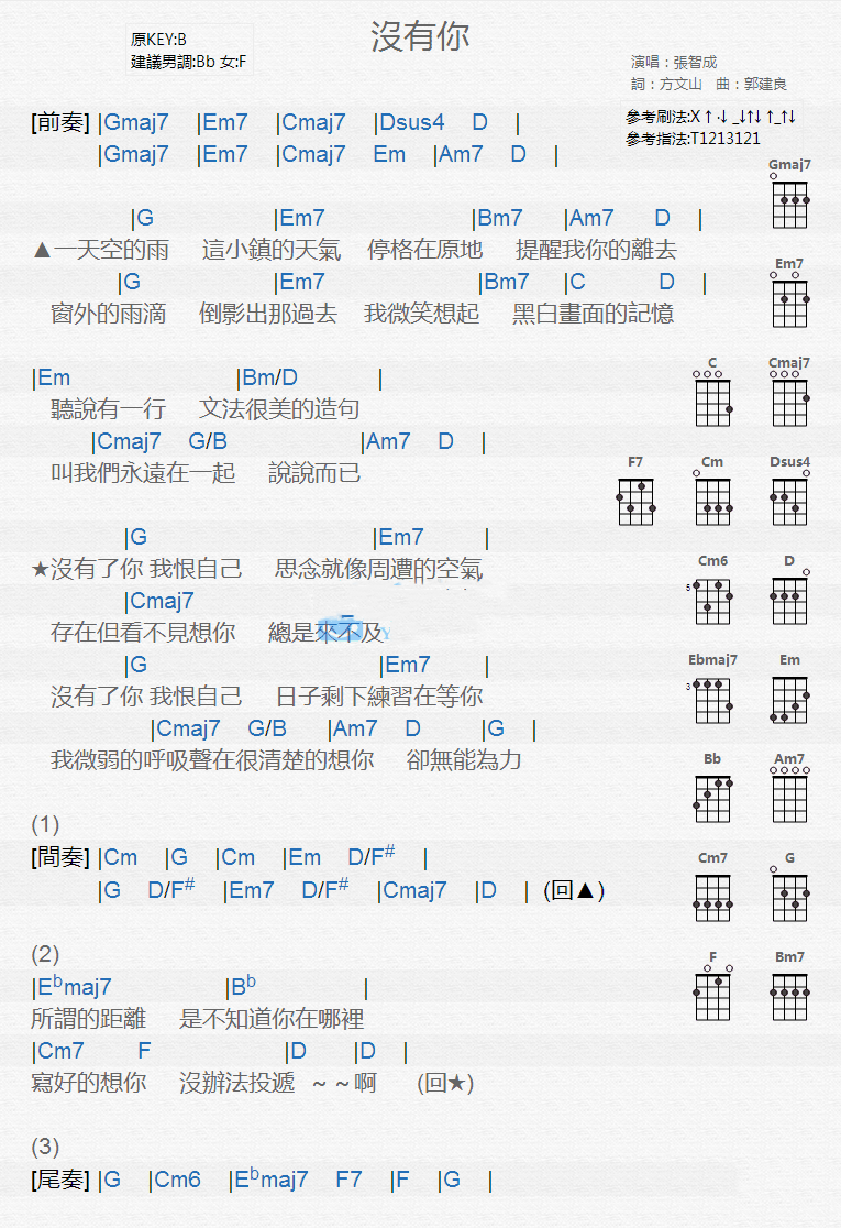 没有你尤克里里谱