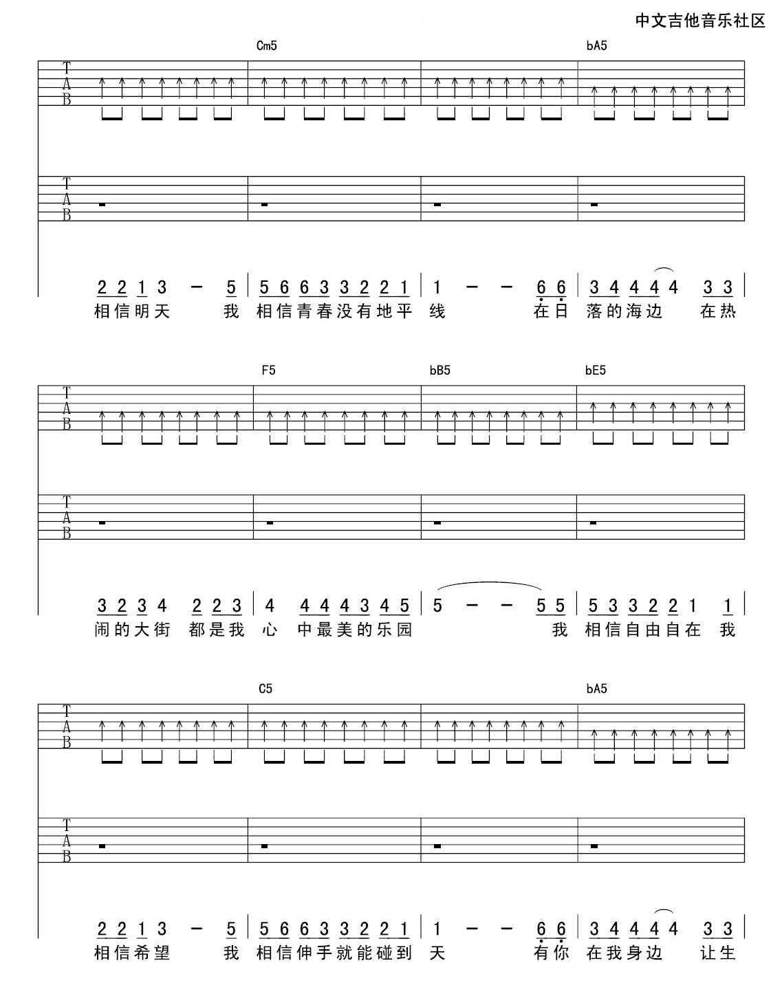 我相信吉他谱 成名乐队 C调独奏/solo谱-吉他谱中国