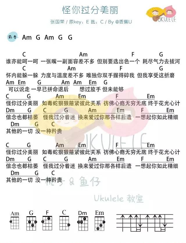 怪你过分美丽尤克里里谱吉他谱c调高清版桃子鱼仔ukulele编配张国荣
