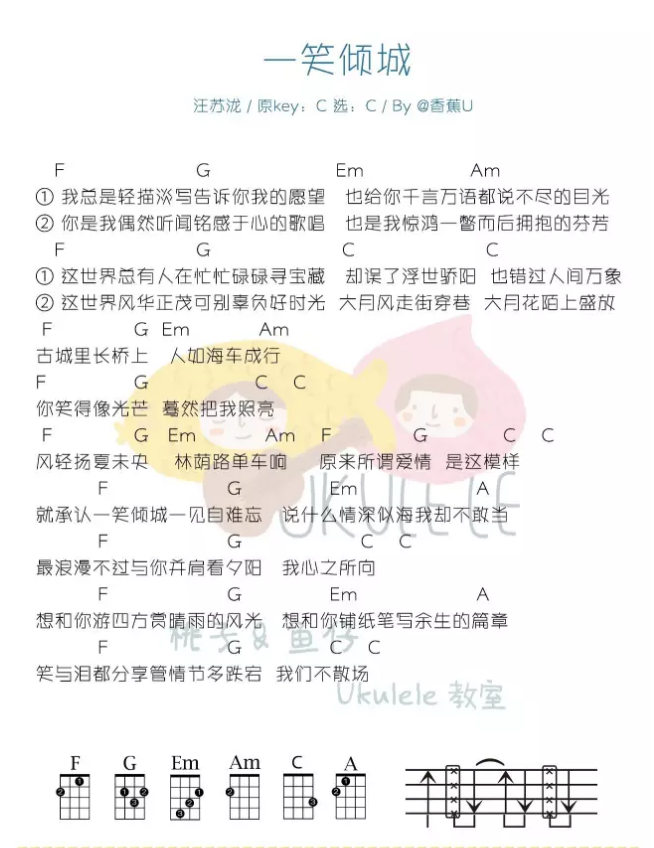 微微一笑很倾城弹唱版c调简单版桃子鱼仔编配汪苏泷