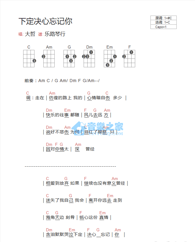 下定决心忘记你尤克里里谱
