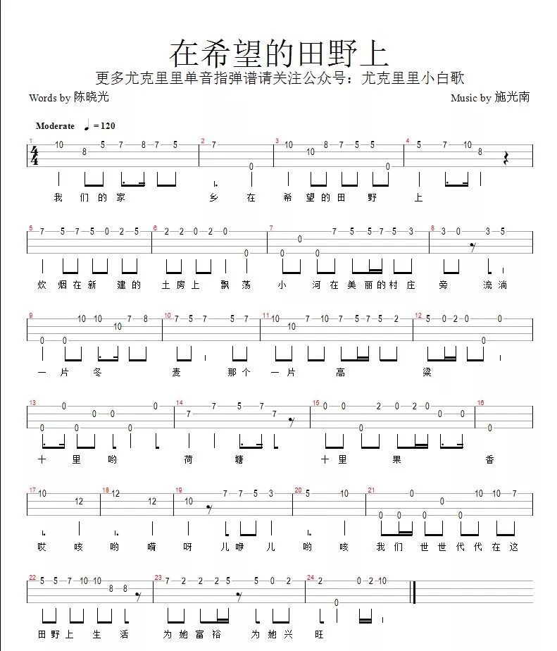 在希望的田野上尤克里里谱