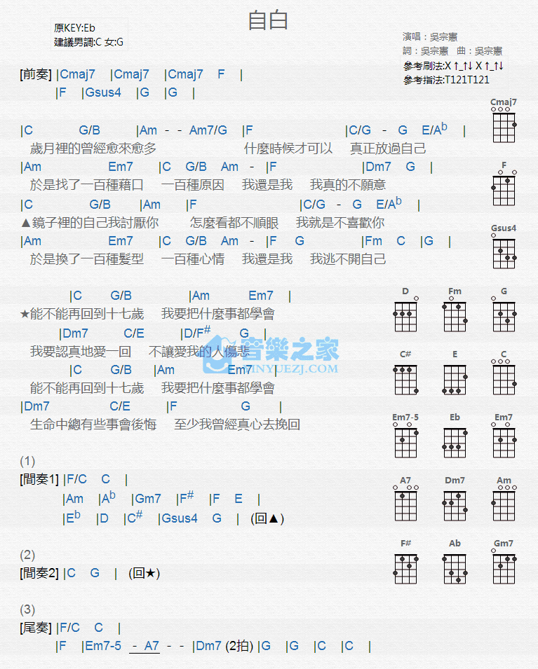 自白尤克里里谱