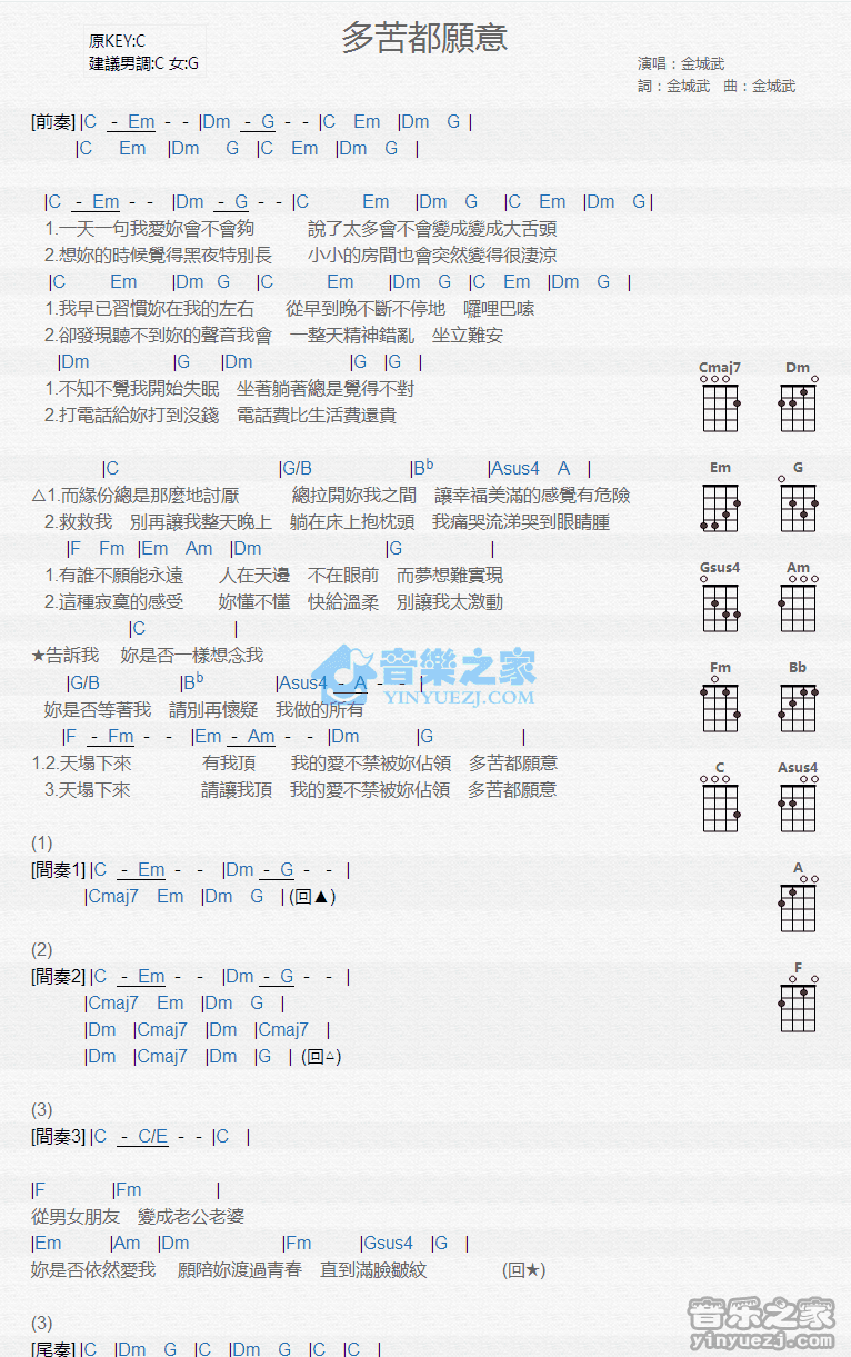 多苦都愿意尤克里里谱