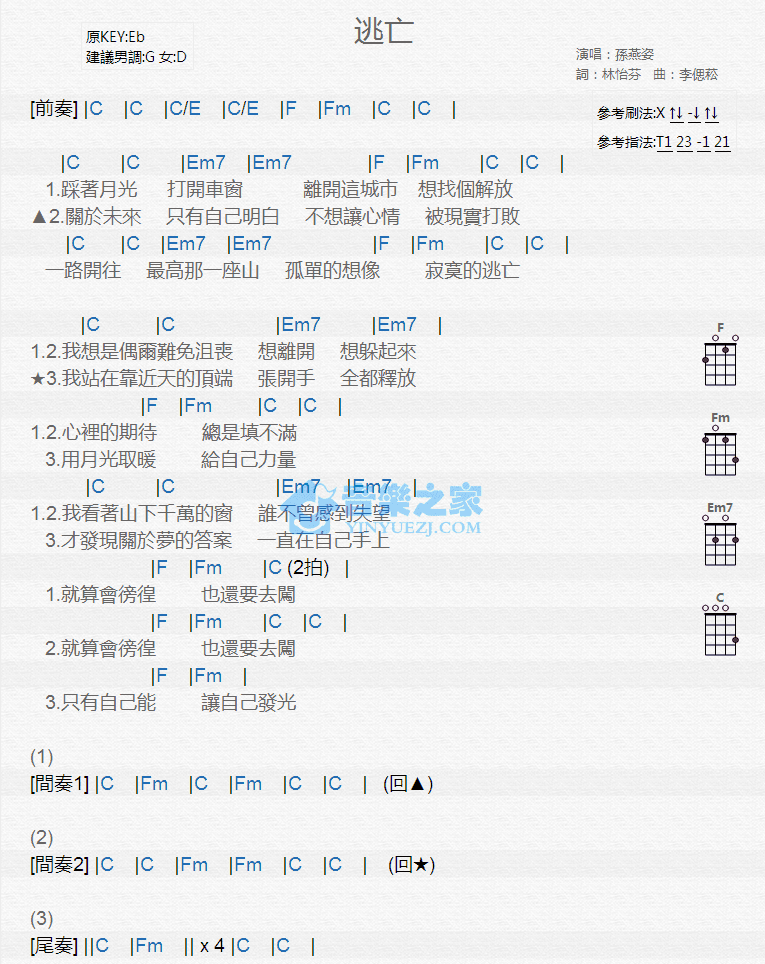 逃亡尤克里里谱