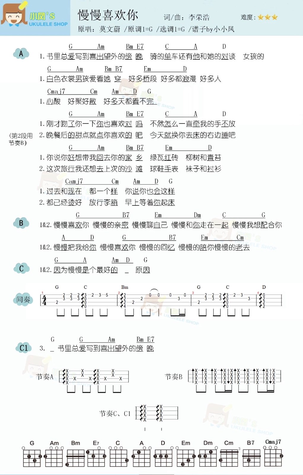 慢慢喜欢你尤克里里谱-1
