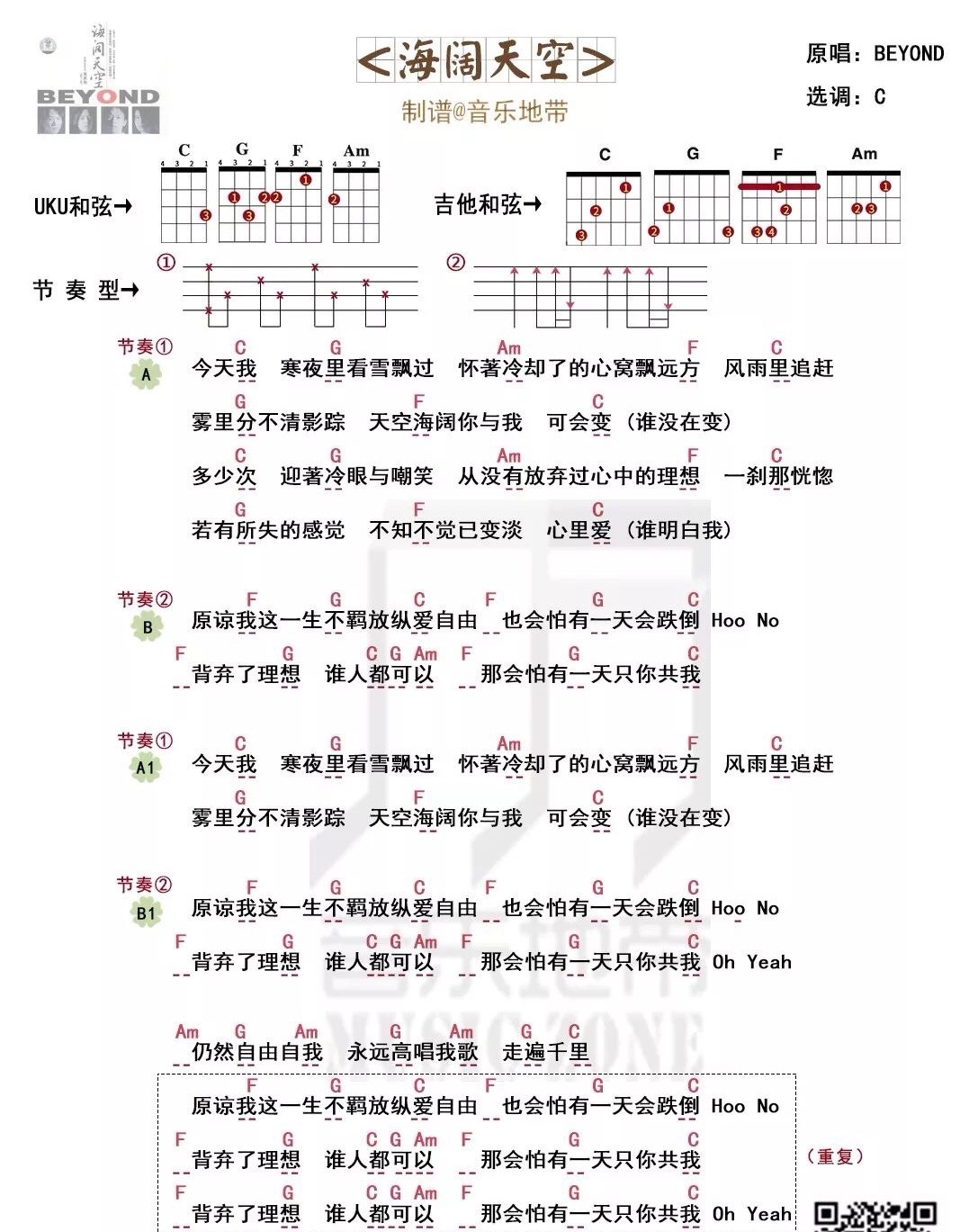 海阔天空尤克里里谱弹唱版c调简单版音乐地带编配beyond