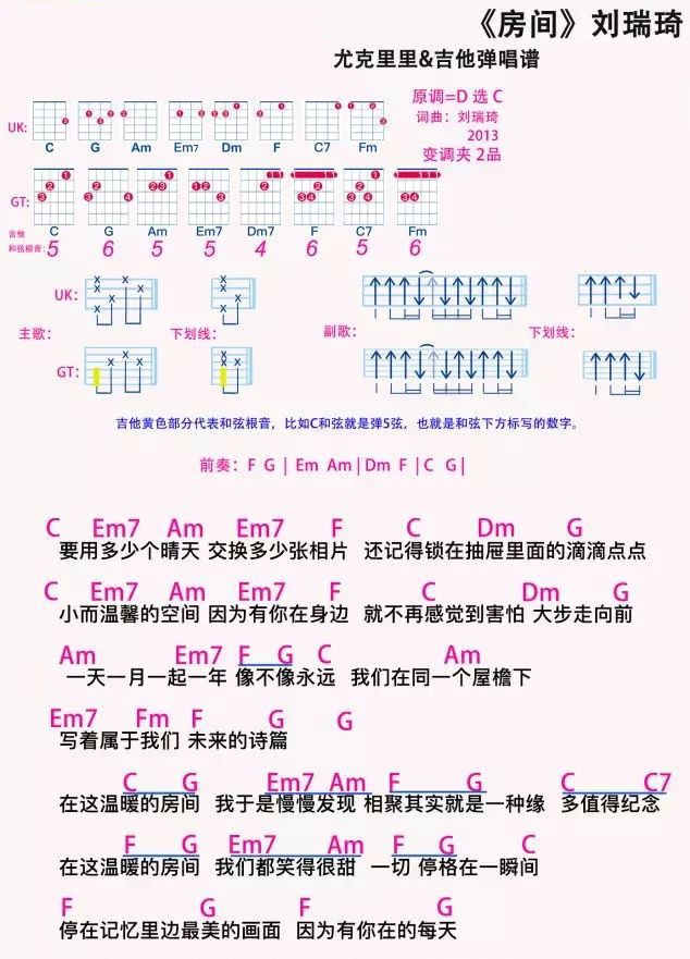 房间尤克里里谱弹唱版c调和弦谱简单版刘瑞琦