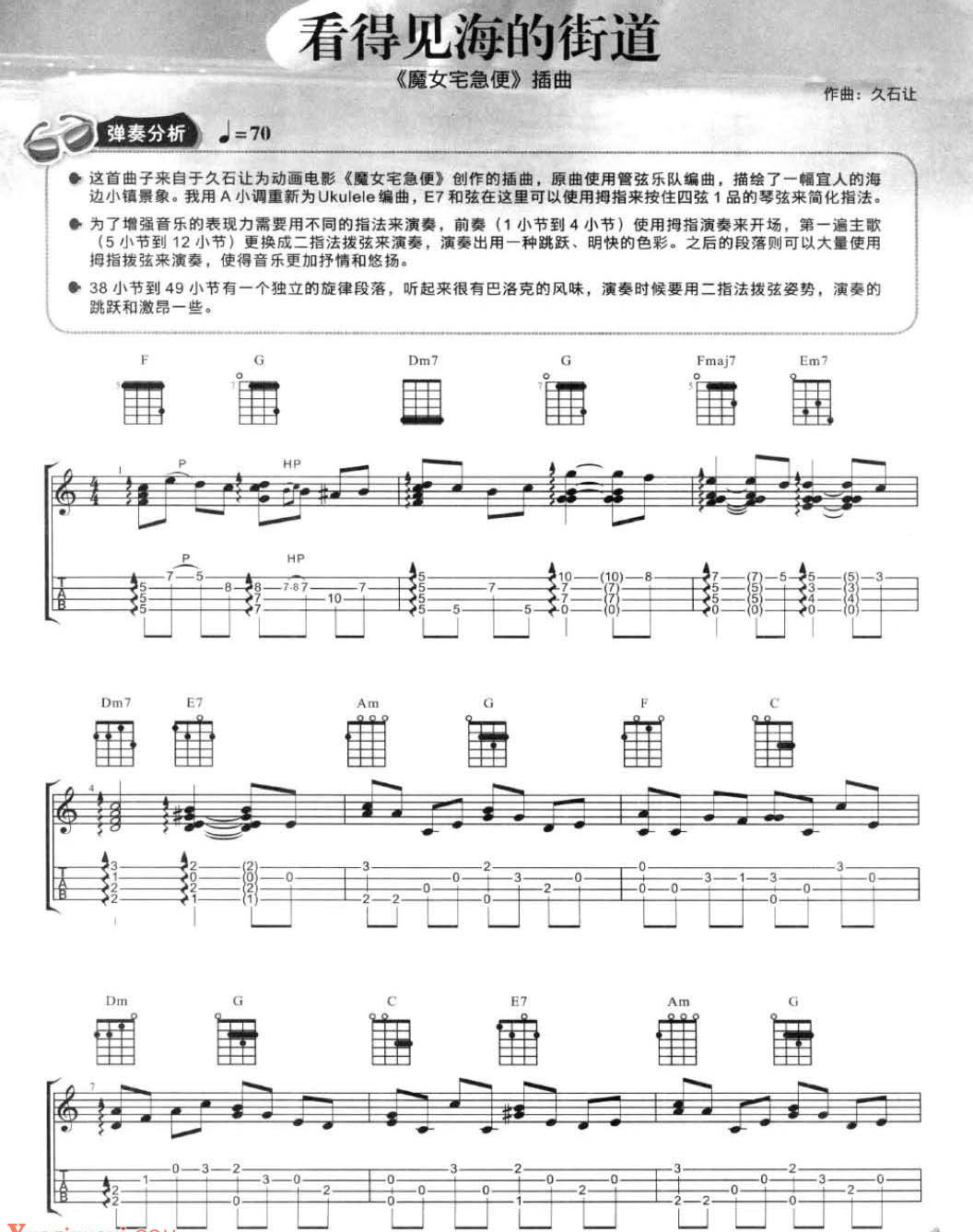 《看得见海的街道》尤克里里谱指弹版 f调六线谱_精选版_久石让-吉他