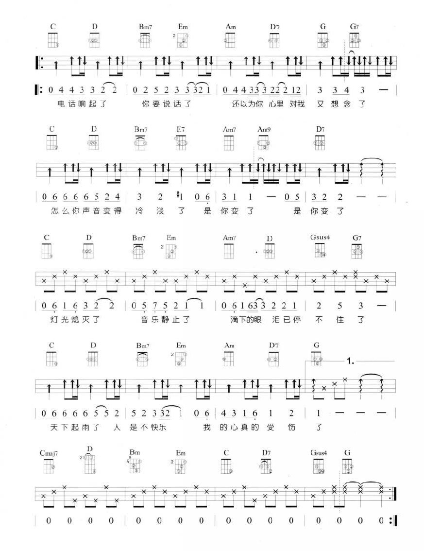 我真的受伤了尤克里里谱弹唱版g调六线谱简单版张学友