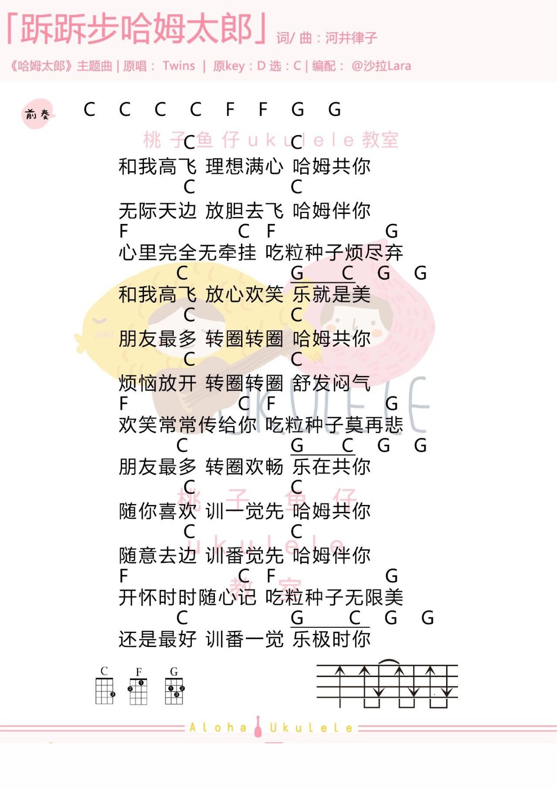 趾趾步哈姆太郎尤克里里谱弹唱版c调简单版桃子鱼仔编配twins