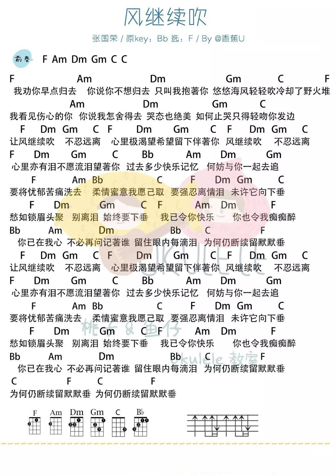 风继续吹尤克里里谱弹唱版f调和弦谱桃子鱼仔编配张国荣
