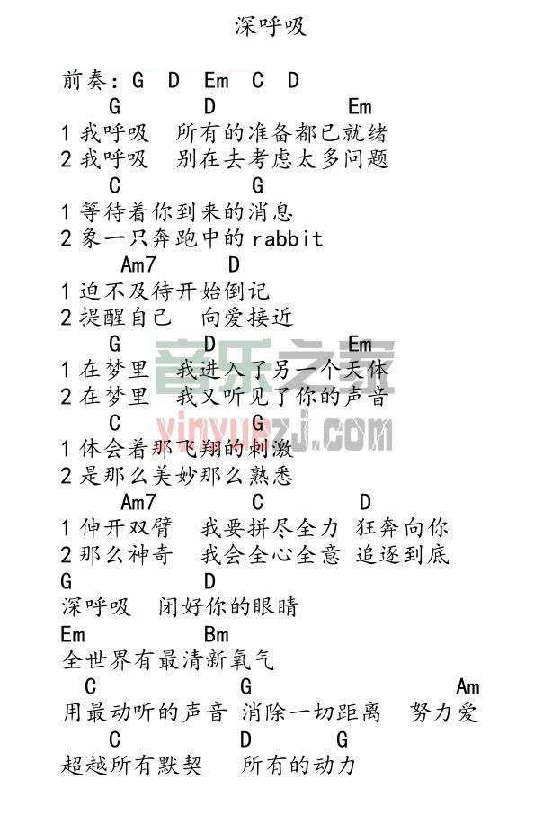 深呼吸尤克里里谱弹唱版g调和弦谱音乐之家编配羽泉