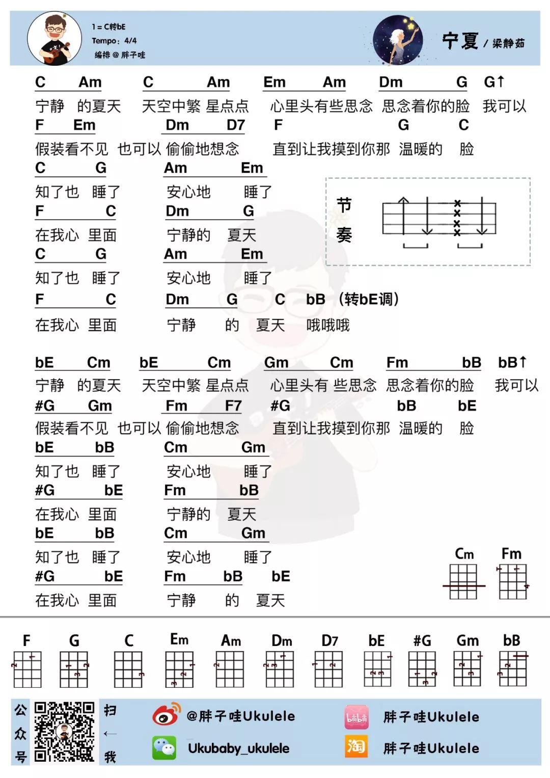 宁夏尤克里里谱弹唱版c调简单版胖子哇ukulele编配梁静茹