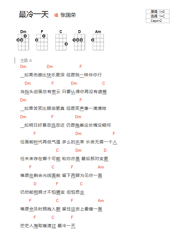 最冷一天尤克里里谱