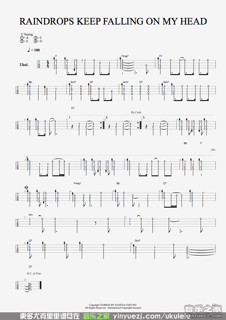 raindrops keep falling on my head尤克里里谱