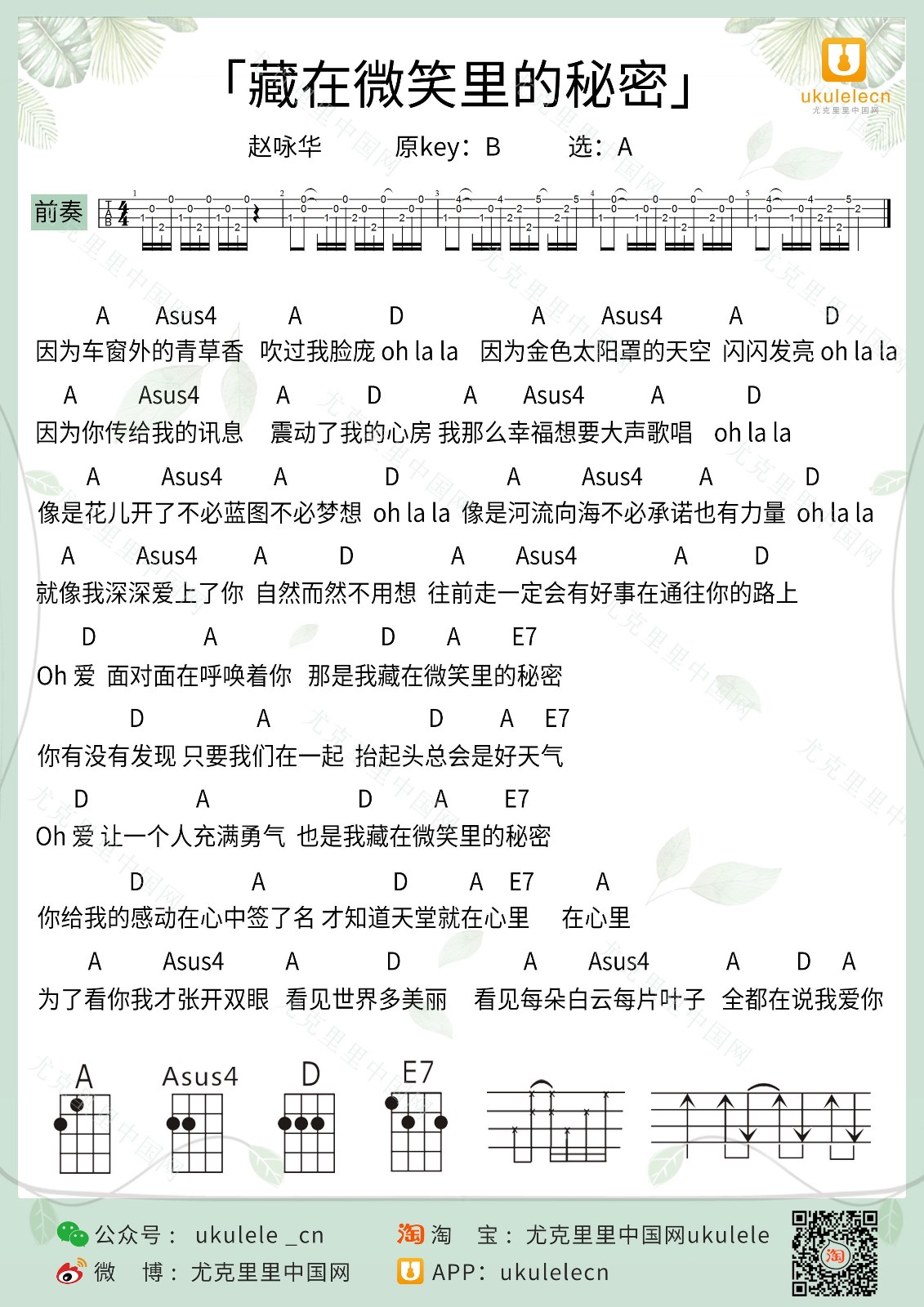 藏在微笑里的秘密尤克里里谱