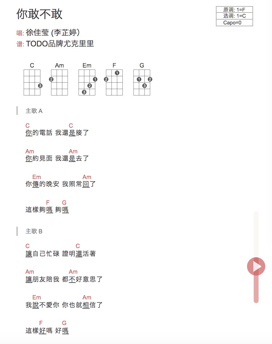你敢不敢尤克里里谱